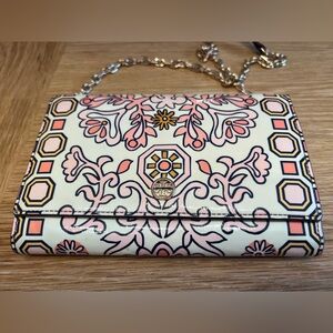 Tory Burch Hicks Garden Party Floral Patterned Cream and Pink Crossbody